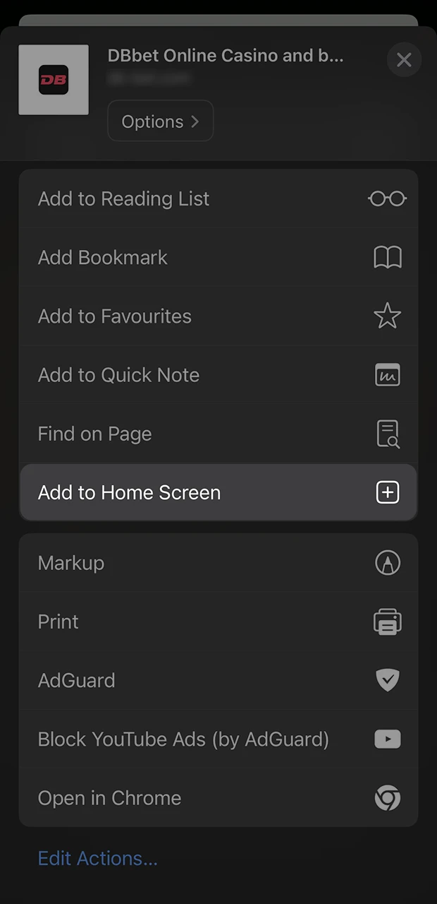 Open and explore the Safari browser menu to install the DBbet app.