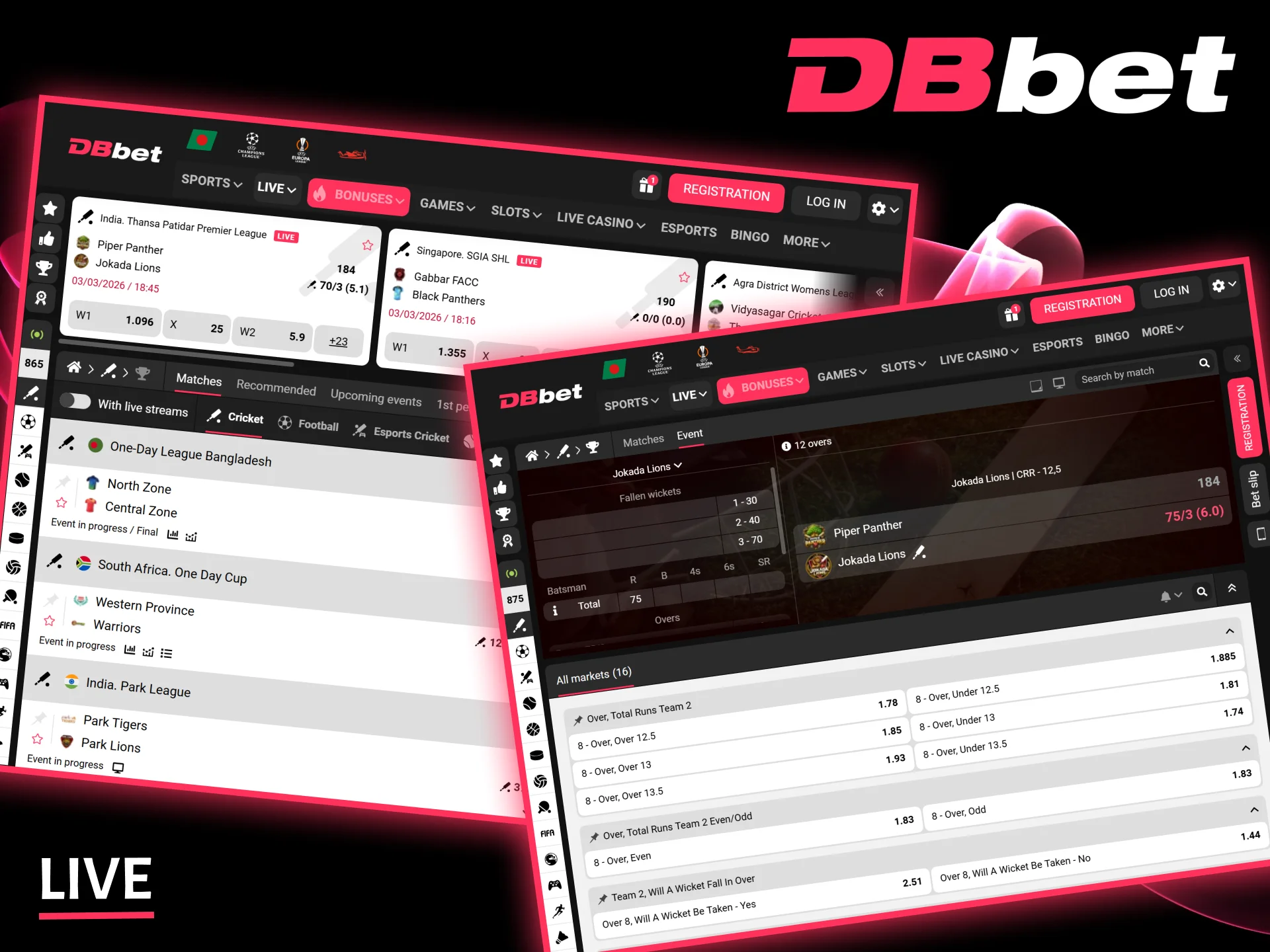Place live bets on cricket matches with DBbet.