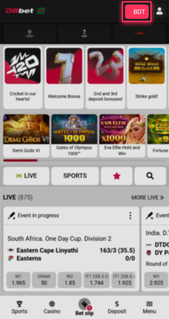 Click the button to open the cashier and start funding your DBbet account.