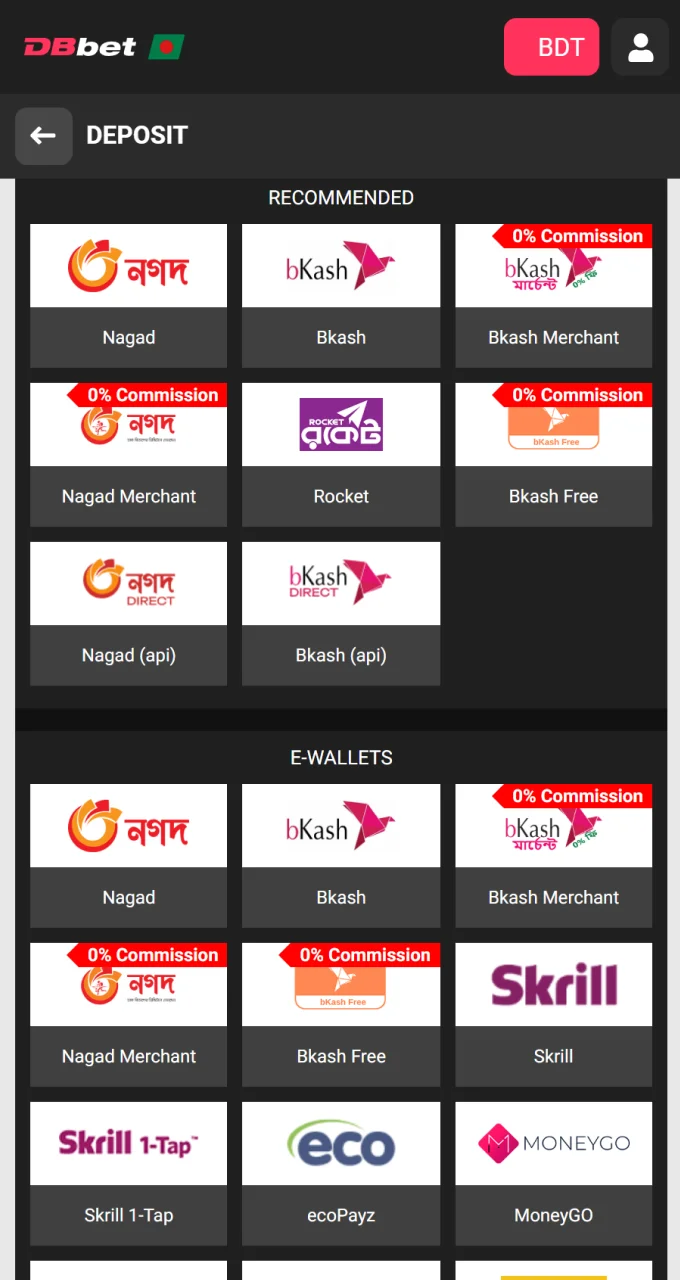 Select your preferred deposit method from the list of available methods on the DBbet website.